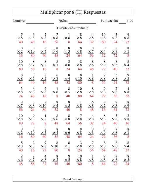La hoja de ejercicios de Multiplicar (Factores de 1 a 10) por 8 (100 Preguntas) (H) Página 2