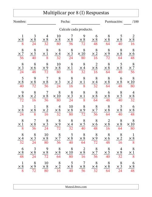 La hoja de ejercicios de Multiplicar (Factores de 1 a 10) por 8 (100 Preguntas) (I) Página 2