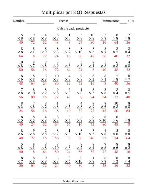 La hoja de ejercicios de Multiplicar (Factores de 1 a 10) por 8 (100 Preguntas) (J) Página 2