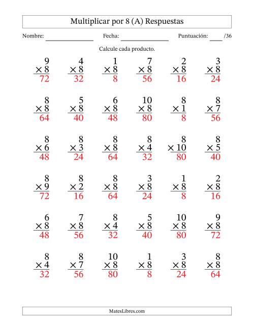 La hoja de ejercicios de Multiplicar (Factores de 1 a 10) por 8 (36 Preguntas) (A) Página 2