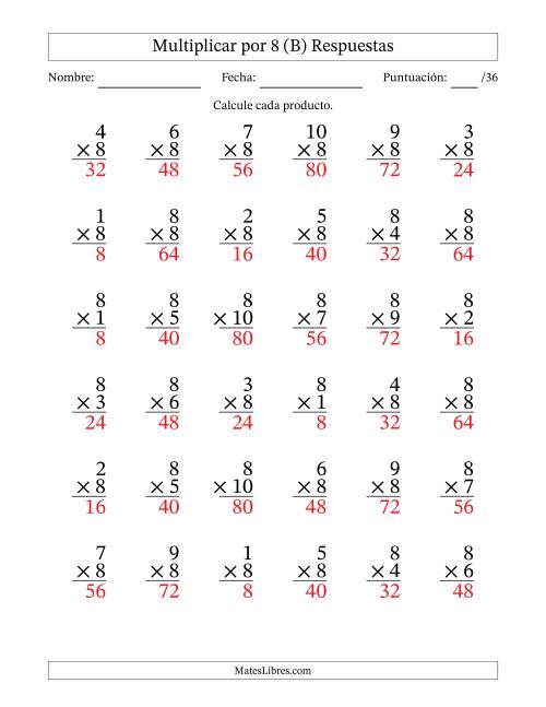 La hoja de ejercicios de Multiplicar (Factores de 1 a 10) por 8 (36 Preguntas) (B) Página 2