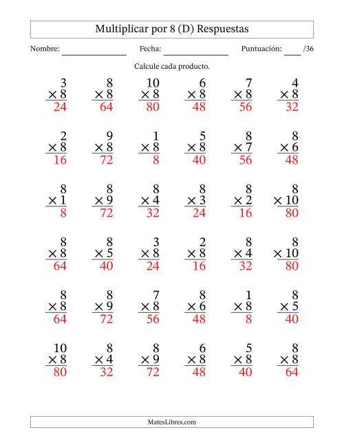 La hoja de ejercicios de Multiplicar (Factores de 1 a 10) por 8 (36 Preguntas) (D) Página 2
