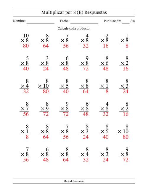 La hoja de ejercicios de Multiplicar (Factores de 1 a 10) por 8 (36 Preguntas) (E) Página 2