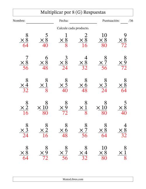 La hoja de ejercicios de Multiplicar (Factores de 1 a 10) por 8 (36 Preguntas) (G) Página 2