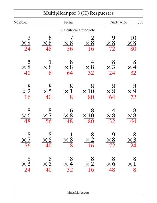 La hoja de ejercicios de Multiplicar (Factores de 1 a 10) por 8 (36 Preguntas) (H) Página 2
