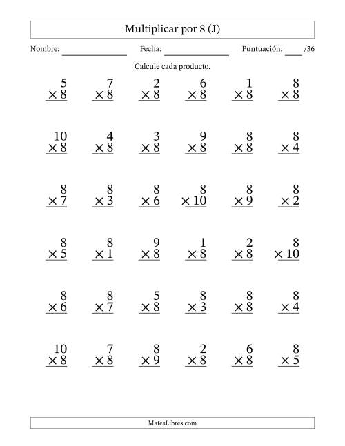 La hoja de ejercicios de Multiplicar (Factores de 1 a 10) por 8 (36 Preguntas) (J)