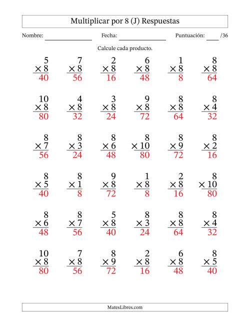 La hoja de ejercicios de Multiplicar (Factores de 1 a 10) por 8 (36 Preguntas) (J) Página 2