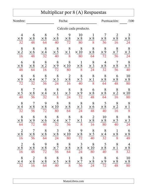 La hoja de ejercicios de Multiplicar (Factores de 1 a 10) por 8 (100 Preguntas) (Todas) Página 2