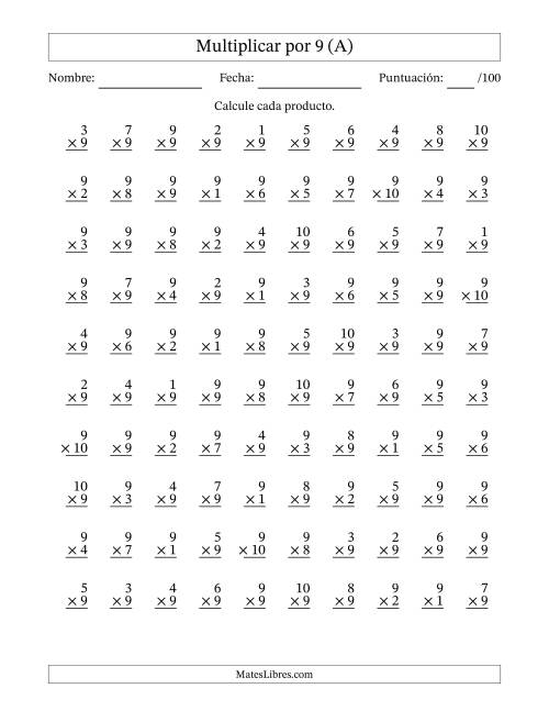 La hoja de ejercicios de Multiplicar (Factores de 1 a 10) por 9 (100 Preguntas) (A)