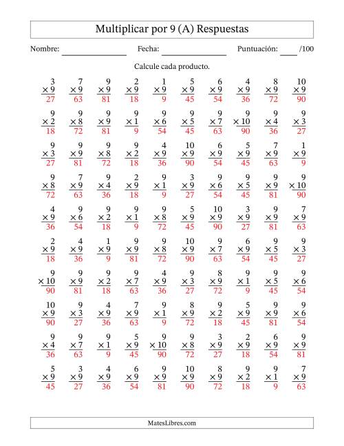 La hoja de ejercicios de Multiplicar (Factores de 1 a 10) por 9 (100 Preguntas) (A) Página 2