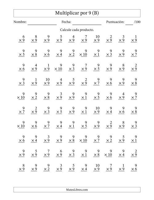 La hoja de ejercicios de Multiplicar (Factores de 1 a 10) por 9 (100 Preguntas) (B)