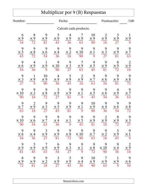 La hoja de ejercicios de Multiplicar (Factores de 1 a 10) por 9 (100 Preguntas) (B) Página 2