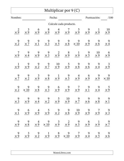 La hoja de ejercicios de Multiplicar (Factores de 1 a 10) por 9 (100 Preguntas) (C)