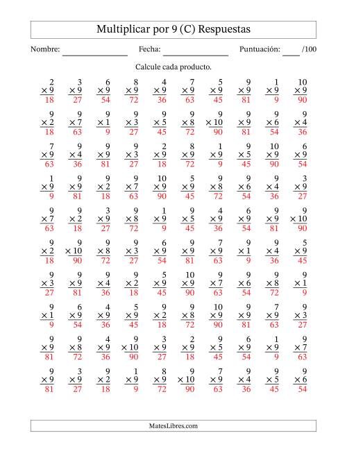 La hoja de ejercicios de Multiplicar (Factores de 1 a 10) por 9 (100 Preguntas) (C) Página 2