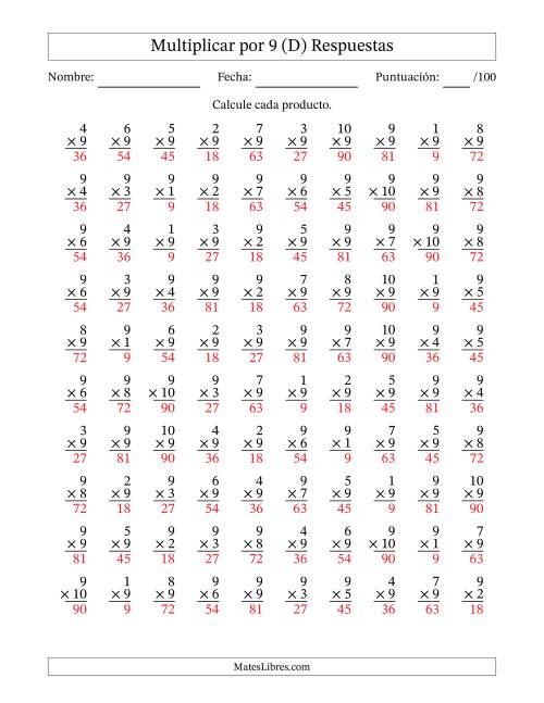 La hoja de ejercicios de Multiplicar (Factores de 1 a 10) por 9 (100 Preguntas) (D) Página 2
