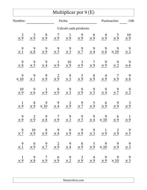 La hoja de ejercicios de Multiplicar (Factores de 1 a 10) por 9 (100 Preguntas) (E)