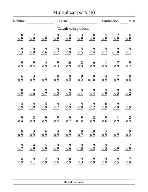 La hoja de ejercicios de Multiplicar (Factores de 1 a 10) por 9 (100 Preguntas) (F)