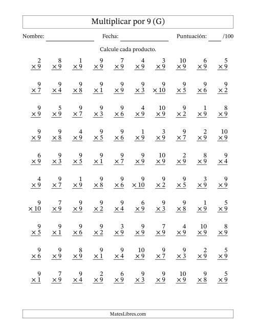 La hoja de ejercicios de Multiplicar (Factores de 1 a 10) por 9 (100 Preguntas) (G)