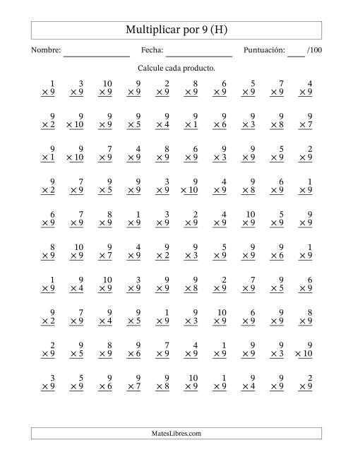 La hoja de ejercicios de Multiplicar (Factores de 1 a 10) por 9 (100 Preguntas) (H)