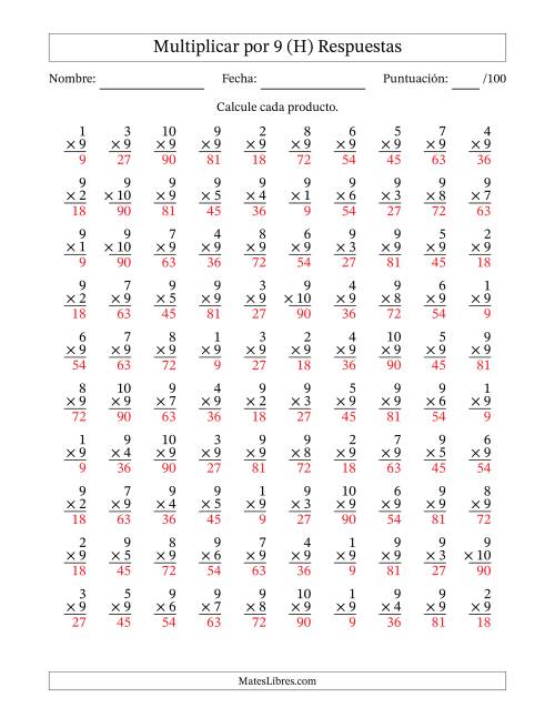 La hoja de ejercicios de Multiplicar (Factores de 1 a 10) por 9 (100 Preguntas) (H) Página 2