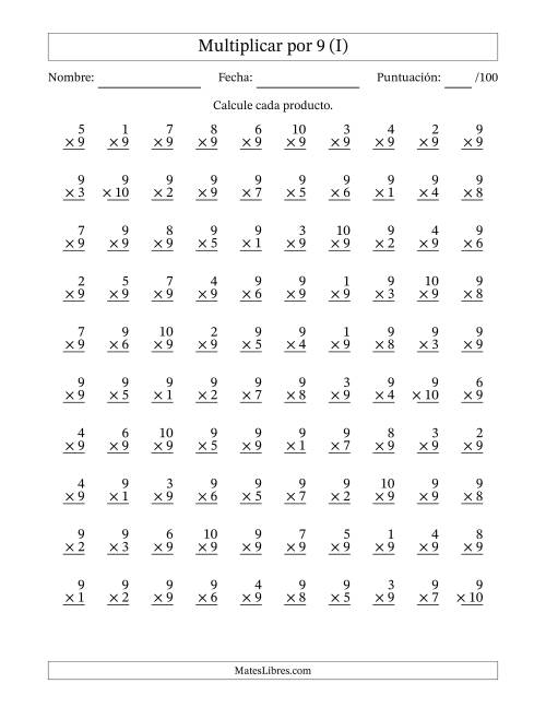 La hoja de ejercicios de Multiplicar (Factores de 1 a 10) por 9 (100 Preguntas) (I)