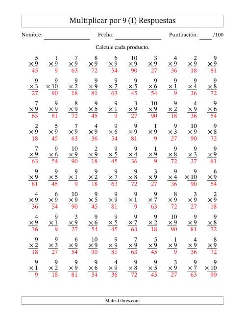 La hoja de ejercicios de Multiplicar (Factores de 1 a 10) por 9 (100 Preguntas) (I) Página 2