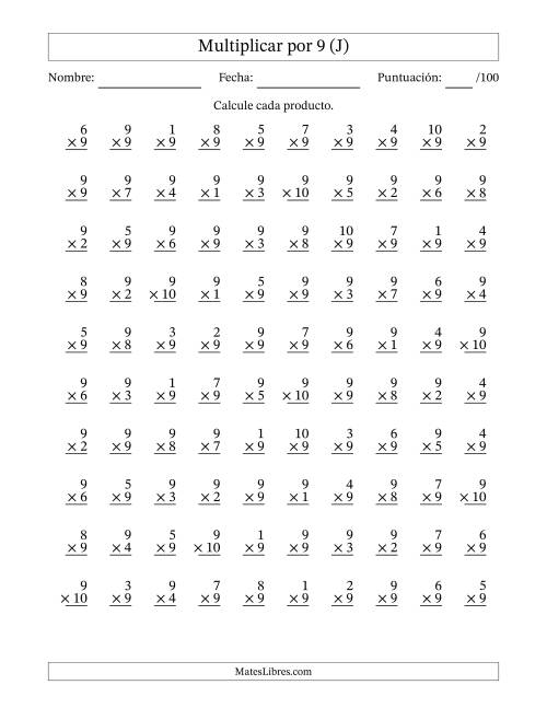 La hoja de ejercicios de Multiplicar (Factores de 1 a 10) por 9 (100 Preguntas) (J)
