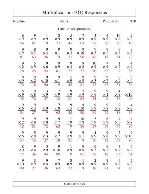 La hoja de ejercicios de Multiplicar (Factores de 1 a 10) por 9 (100 Preguntas) (J) Página 2