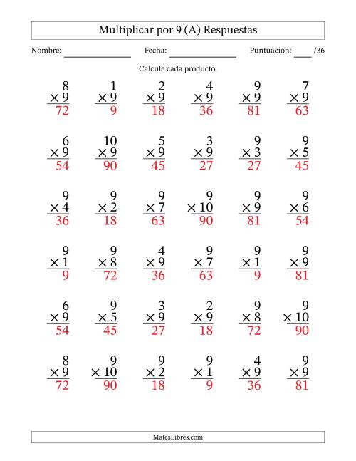 La hoja de ejercicios de Multiplicar (Factores de 1 a 10) por 9 (36 Preguntas) (A) Página 2