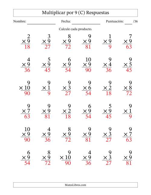 La hoja de ejercicios de Multiplicar (Factores de 1 a 10) por 9 (36 Preguntas) (C) Página 2