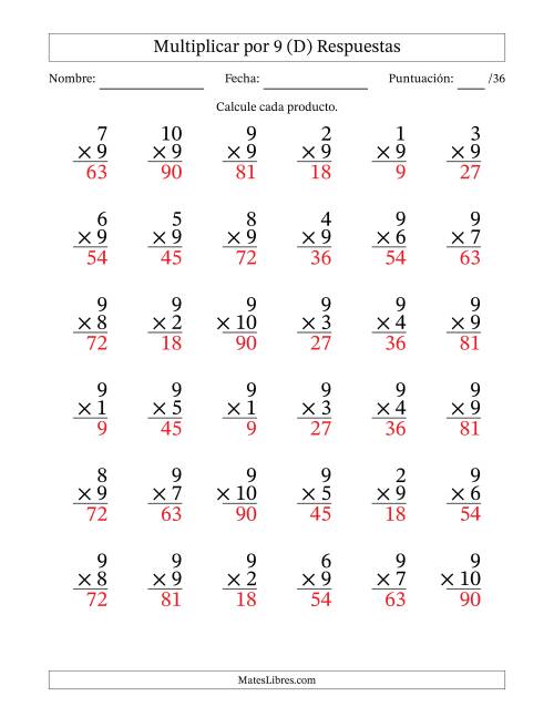 La hoja de ejercicios de Multiplicar (Factores de 1 a 10) por 9 (36 Preguntas) (D) Página 2