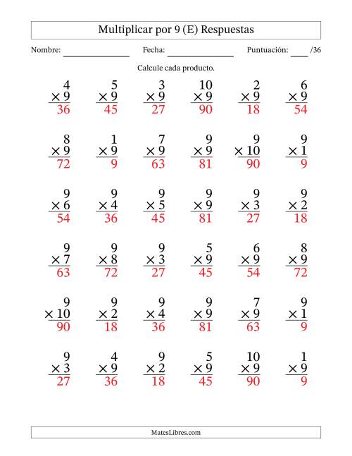 La hoja de ejercicios de Multiplicar (Factores de 1 a 10) por 9 (36 Preguntas) (E) Página 2