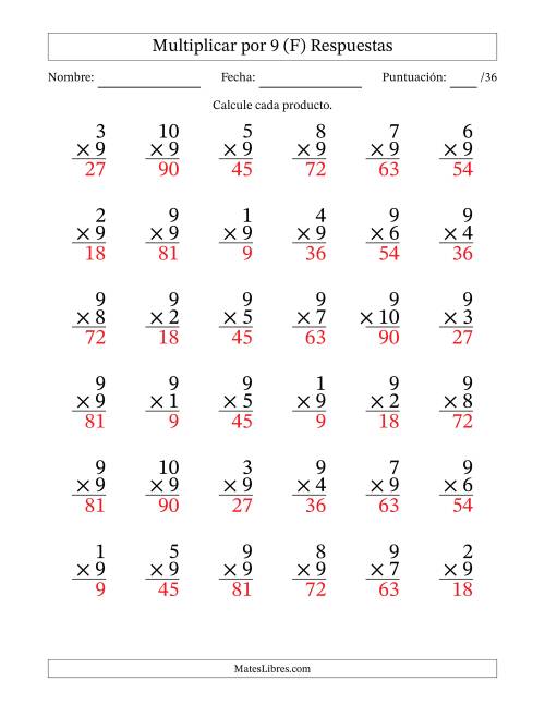 La hoja de ejercicios de Multiplicar (Factores de 1 a 10) por 9 (36 Preguntas) (F) Página 2