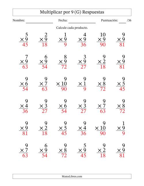 La hoja de ejercicios de Multiplicar (Factores de 1 a 10) por 9 (36 Preguntas) (G) Página 2