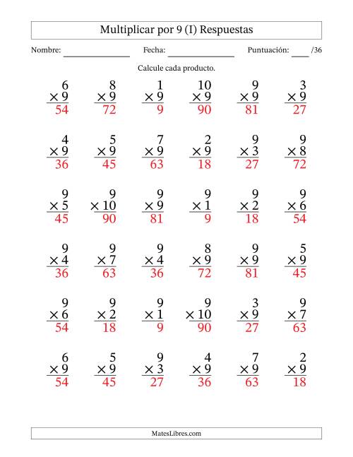 La hoja de ejercicios de Multiplicar (Factores de 1 a 10) por 9 (36 Preguntas) (I) Página 2