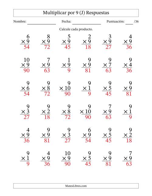 La hoja de ejercicios de Multiplicar (Factores de 1 a 10) por 9 (36 Preguntas) (J) Página 2
