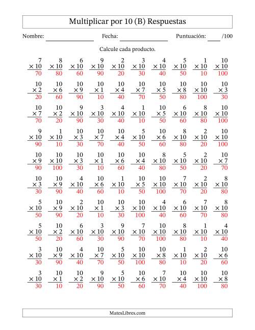 La hoja de ejercicios de Multiplicar (Factores de 1 a 10) por 10 (100 Preguntas) (B) Página 2