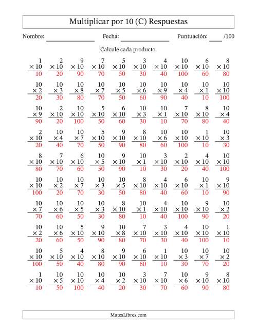 La hoja de ejercicios de Multiplicar (Factores de 1 a 10) por 10 (100 Preguntas) (C) Página 2