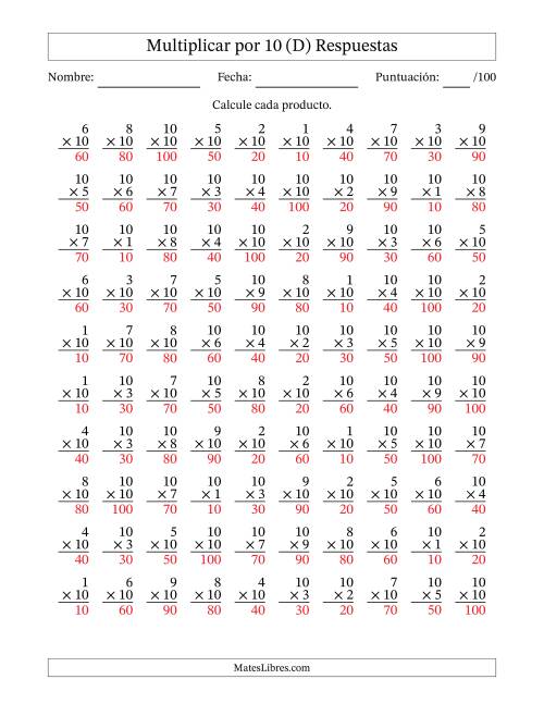 La hoja de ejercicios de Multiplicar (Factores de 1 a 10) por 10 (100 Preguntas) (D) Página 2
