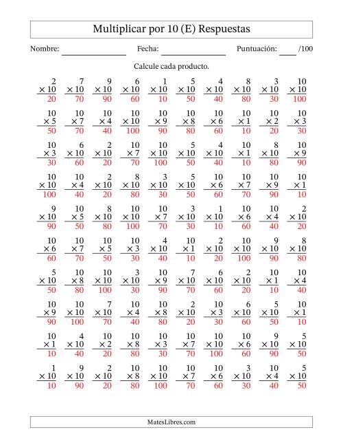 La hoja de ejercicios de Multiplicar (Factores de 1 a 10) por 10 (100 Preguntas) (E) Página 2
