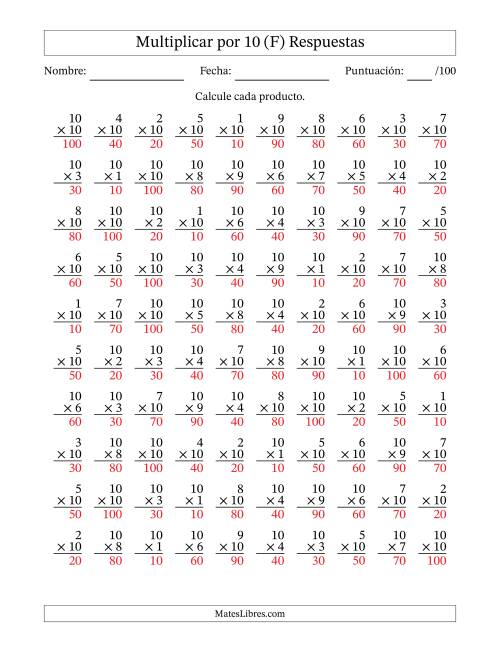 La hoja de ejercicios de Multiplicar (Factores de 1 a 10) por 10 (100 Preguntas) (F) Página 2