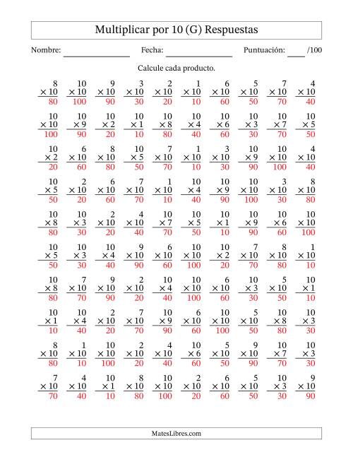 La hoja de ejercicios de Multiplicar (Factores de 1 a 10) por 10 (100 Preguntas) (G) Página 2