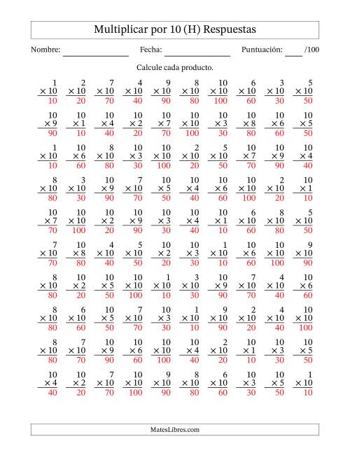 La hoja de ejercicios de Multiplicar (Factores de 1 a 10) por 10 (100 Preguntas) (H) Página 2