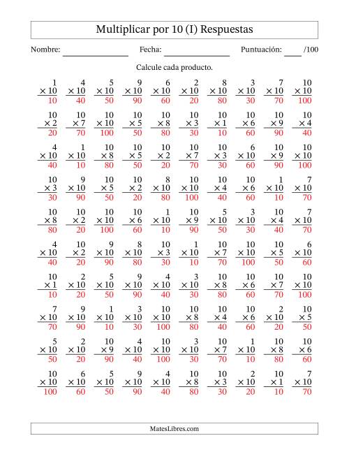 La hoja de ejercicios de Multiplicar (Factores de 1 a 10) por 10 (100 Preguntas) (I) Página 2