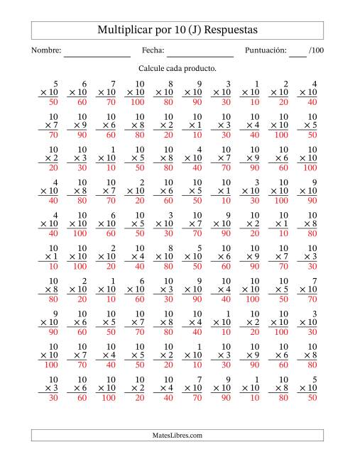 La hoja de ejercicios de Multiplicar (Factores de 1 a 10) por 10 (100 Preguntas) (J) Página 2