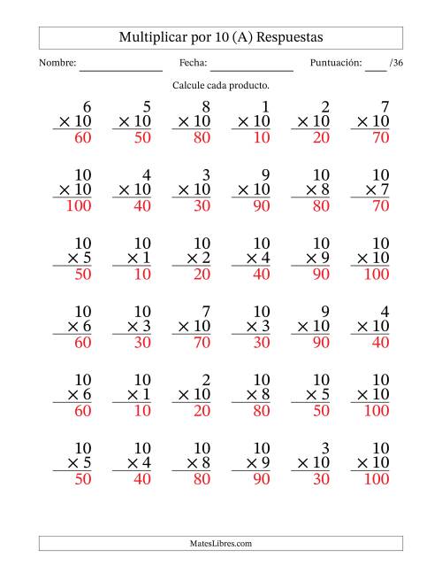 La hoja de ejercicios de Multiplicar (Factores de 1 a 10) por 10 (36 Preguntas) (A) Página 2