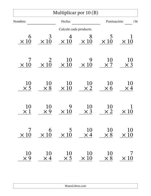 La hoja de ejercicios de Multiplicar (Factores de 1 a 10) por 10 (36 Preguntas) (B)