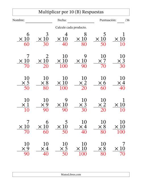 La hoja de ejercicios de Multiplicar (Factores de 1 a 10) por 10 (36 Preguntas) (B) Página 2