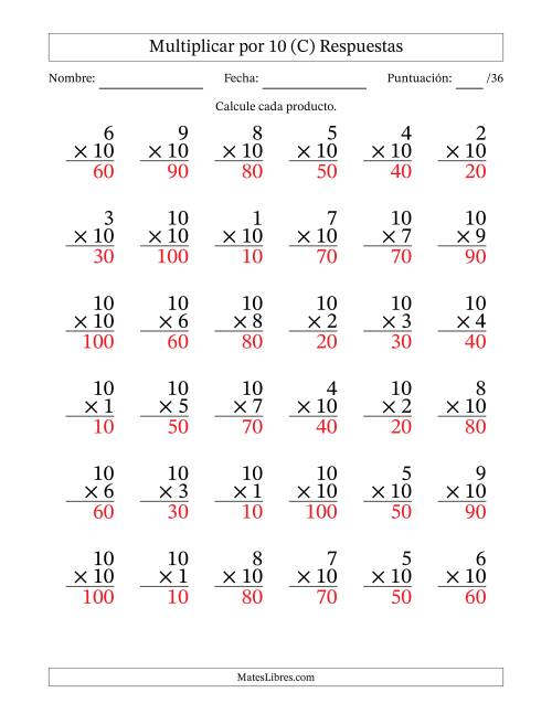 La hoja de ejercicios de Multiplicar (Factores de 1 a 10) por 10 (36 Preguntas) (C) Página 2
