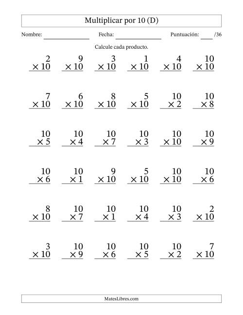La hoja de ejercicios de Multiplicar (Factores de 1 a 10) por 10 (36 Preguntas) (D)